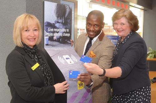 Cllr Margaret Griffiths (right), Humphrey Mwanza (centre) and Fran Martin at the new tap to donate point in Metro Bank, Hemel Hempstead